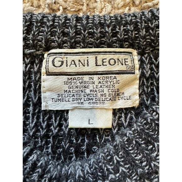 Giani Leone Sweater Men's Size Large Vintage Grey V Leather Trim Knit Grunge - Picture 5 of 7